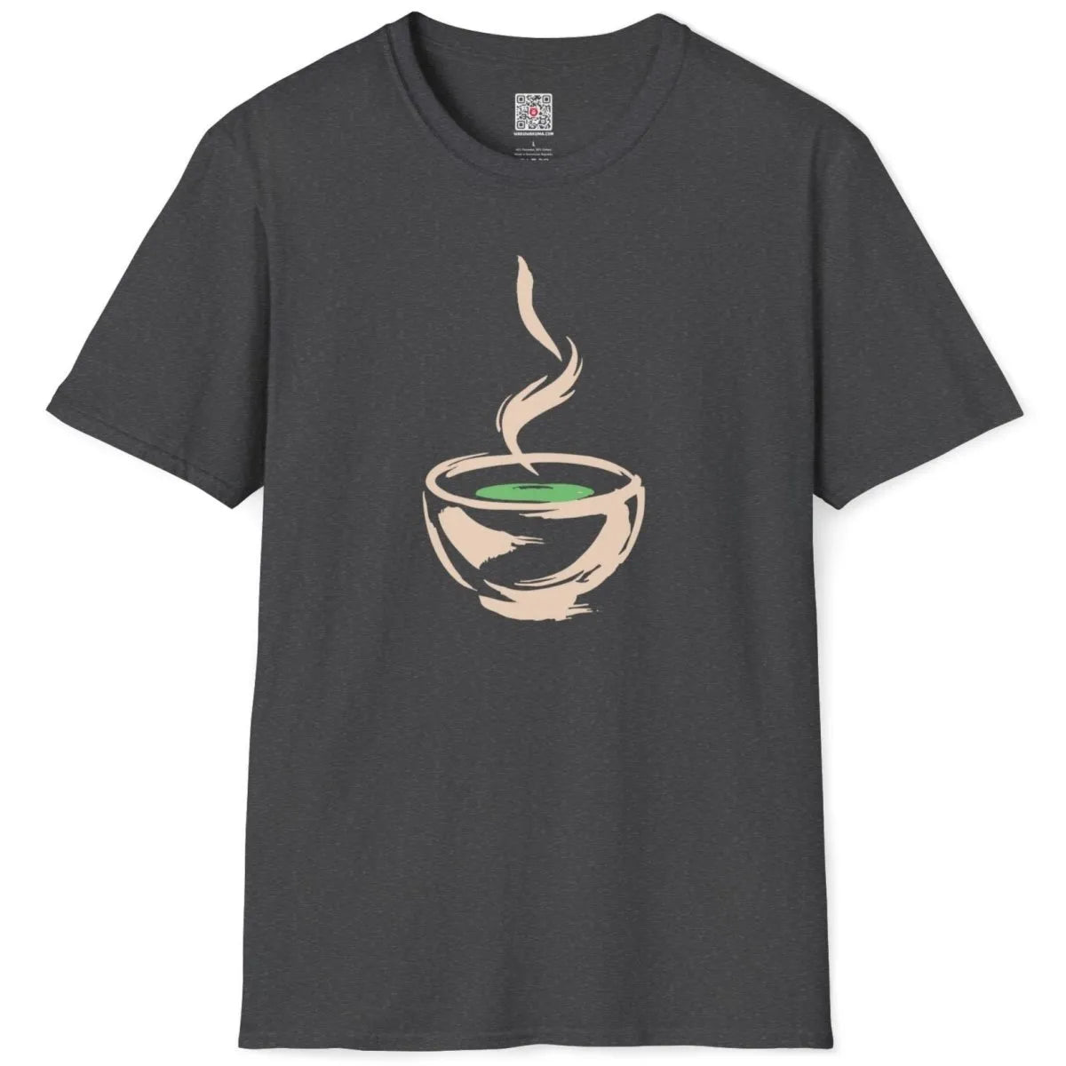 Dark heather flatlay, bold brushstroke bowl, green tea, rising steam, tranquil style. natural comfort