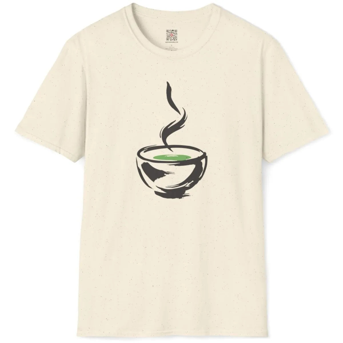 Natural flatlay t-shirt, minimalist bowl with green tea, elegant steam, rustic calm. balanced composition