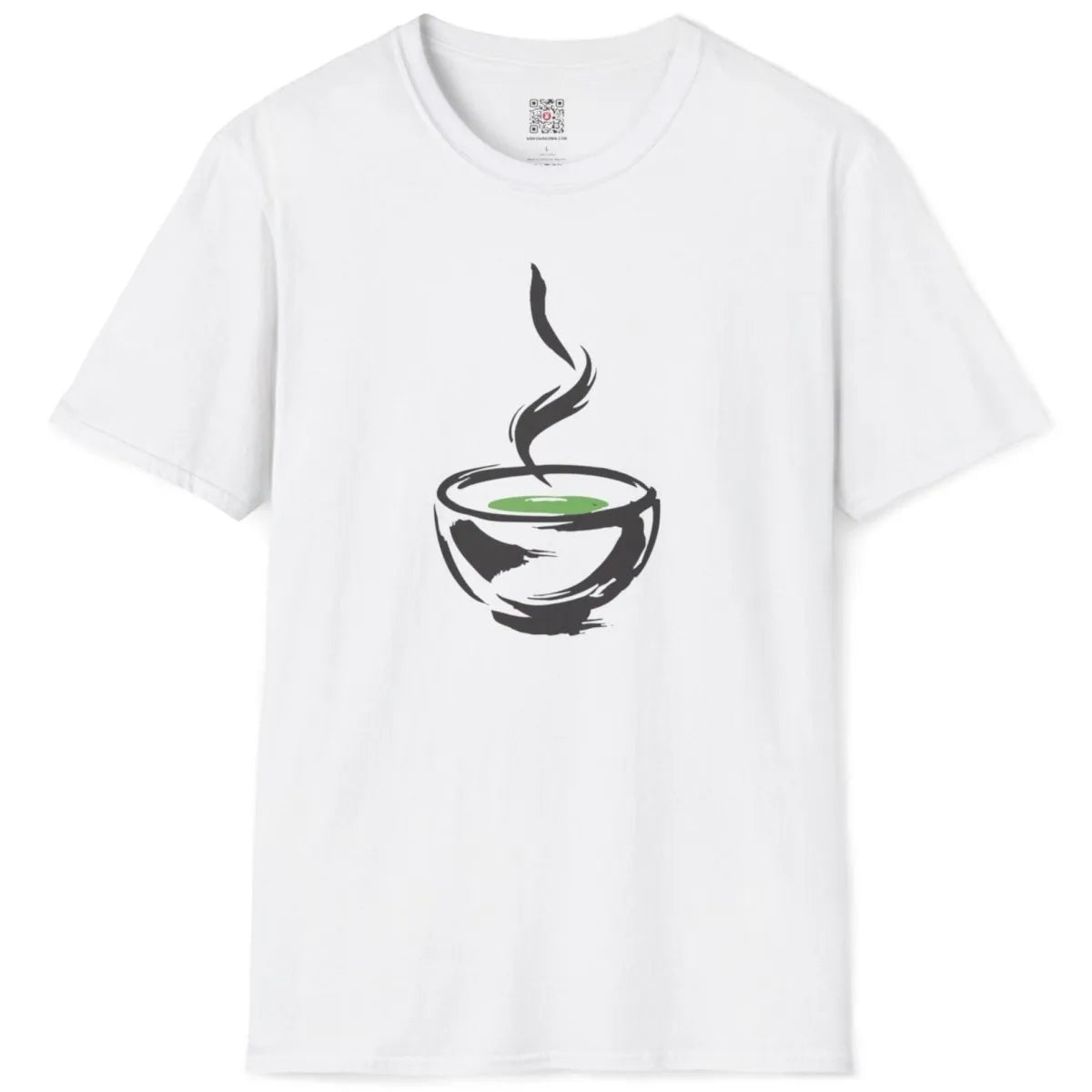 White flatlay t-shirt, minimal bowl with green tea, elegant steam, balanced and calm. tea cup art