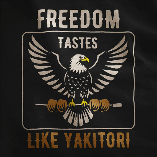 Black closeup t-shirt, eagle with yakitori skewers, bold gold text, modern patriotic style. patriotic t shirt