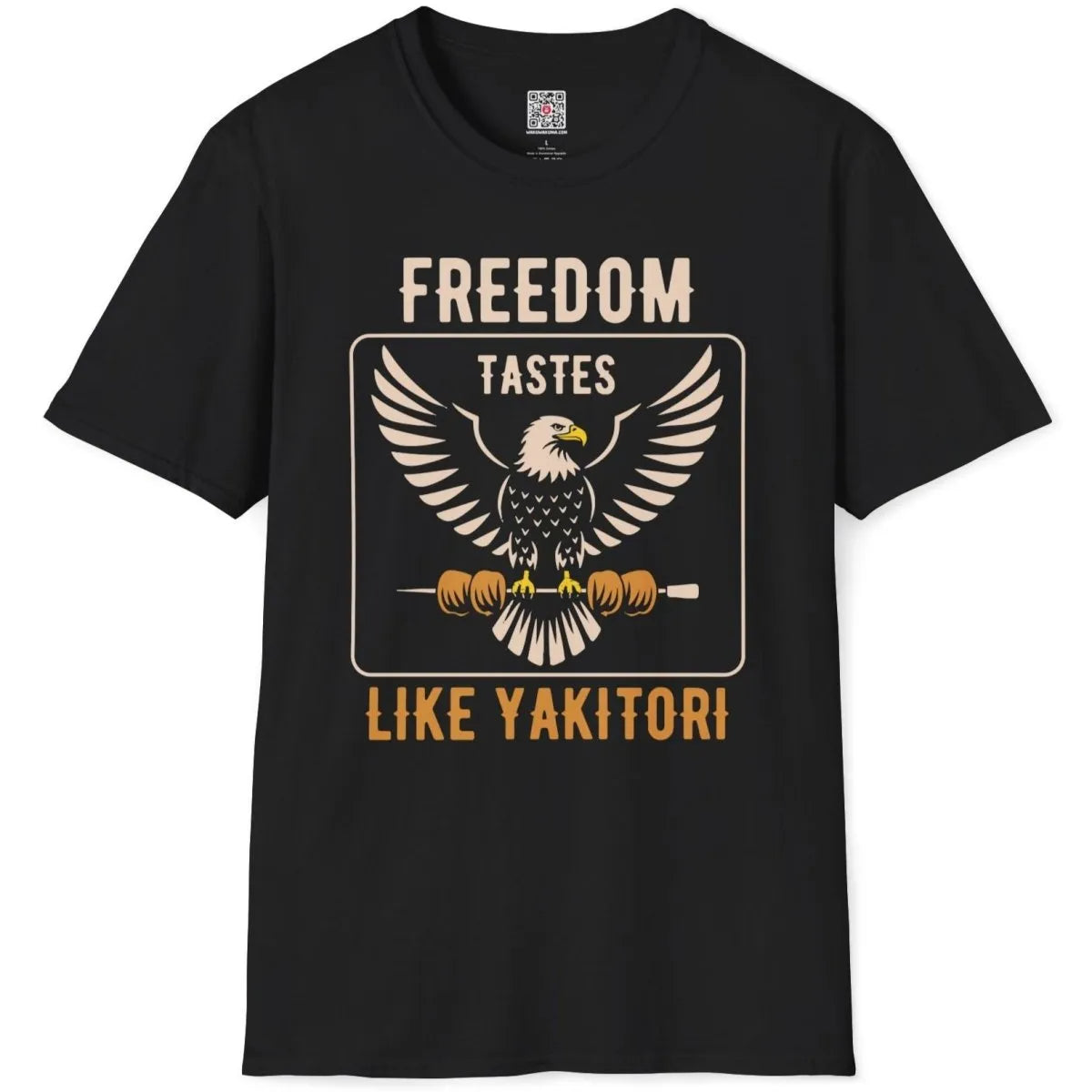 Black flatlay t-shirt, eagle with yakitori skewers, bold blue and gold text, dynamic style. eagle artwork