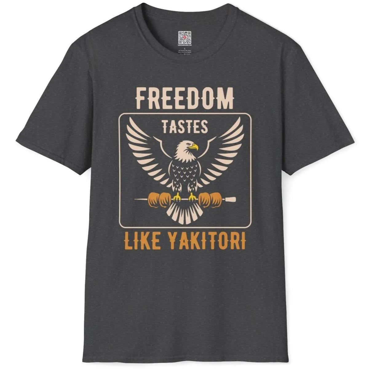 Dark heather flatlay, white eagle gripping yakitori, bold gold and blue text, modern style. regal symbolism