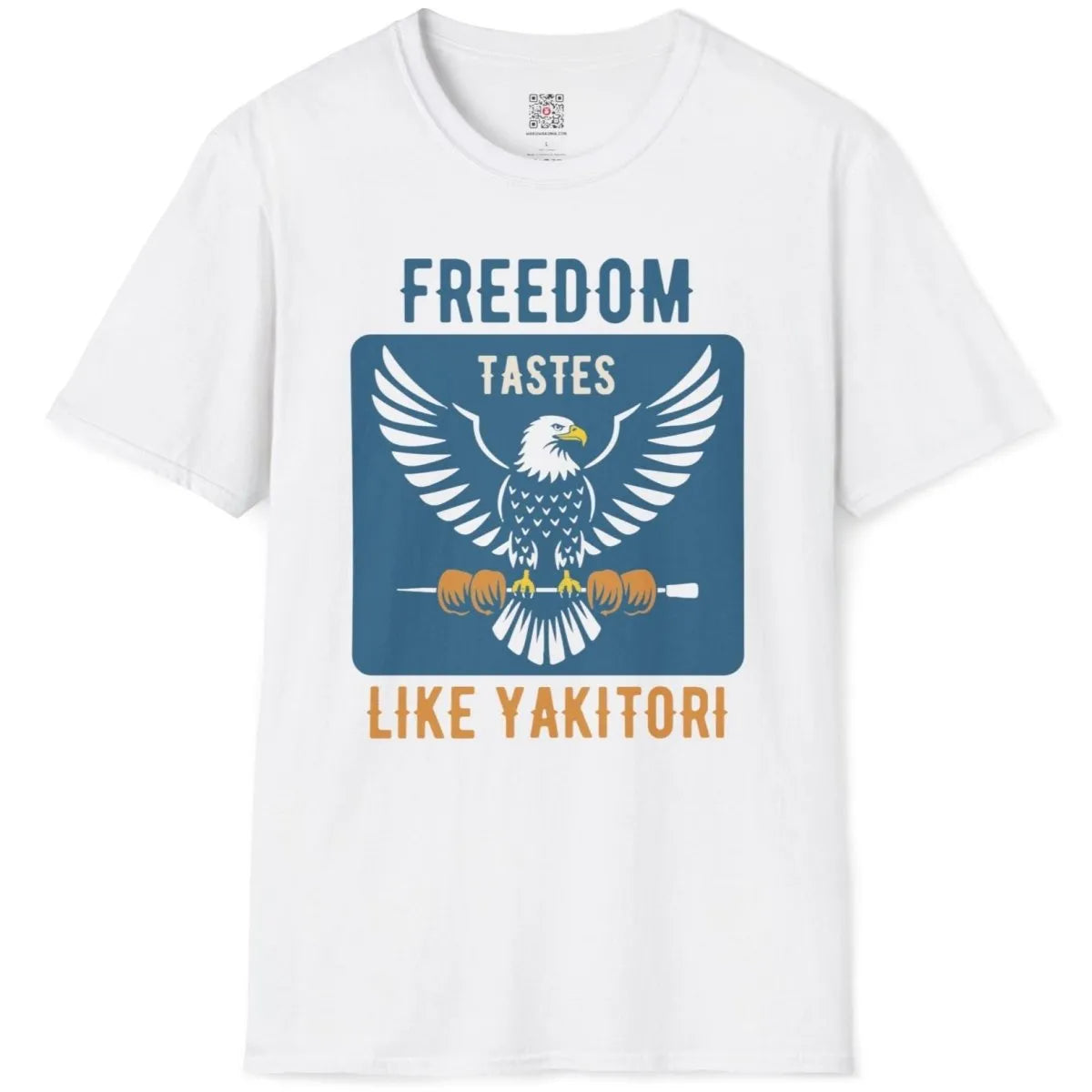 White flatlay t-shirt, eagle with yakitori, bold text, modern patriotic look. junk food shirt