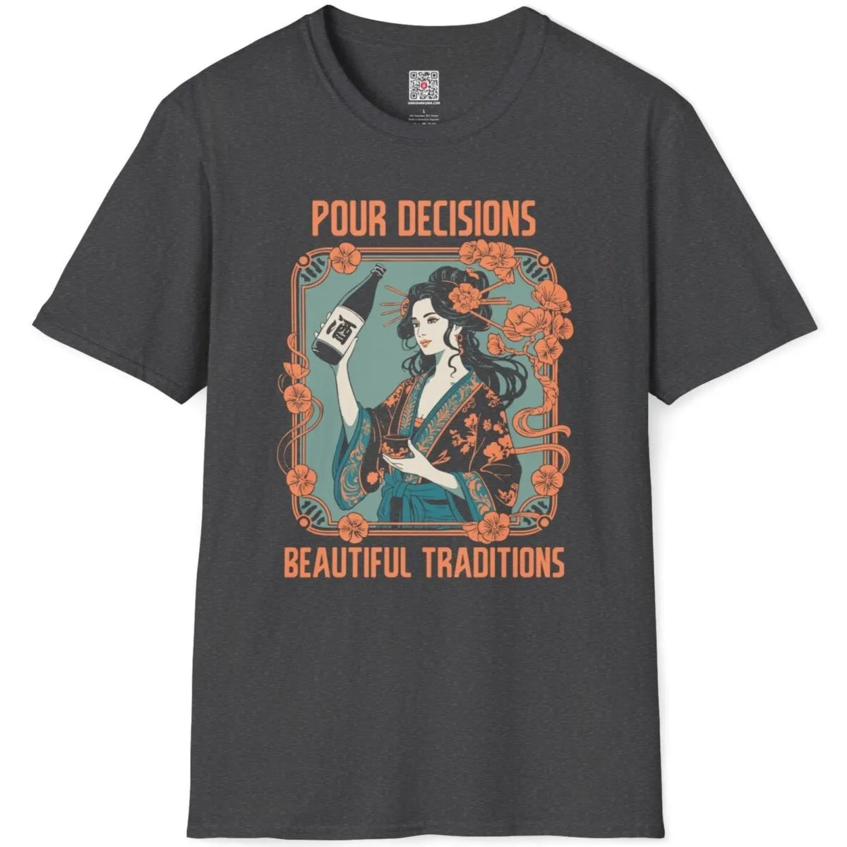 Dark heather flatlay with elegant geisha, orange floral frame, and playful "Pour Decisions" quote.