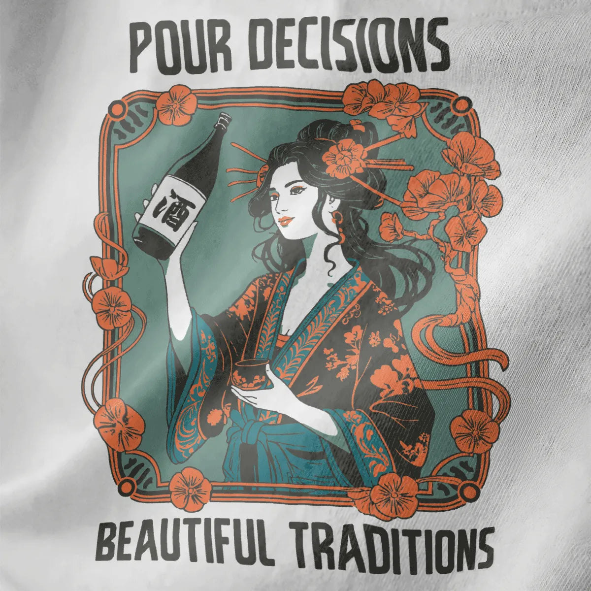 White fabric close-up of elegant kimono woman with sake, orange floral accents, and bold typography.