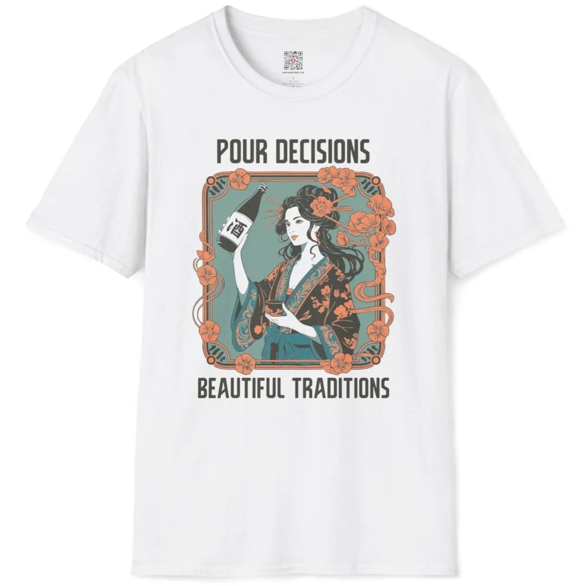 White flatlay t-shirt featuring kimono woman, sake, floral accents, and bold Japanese-style typography.