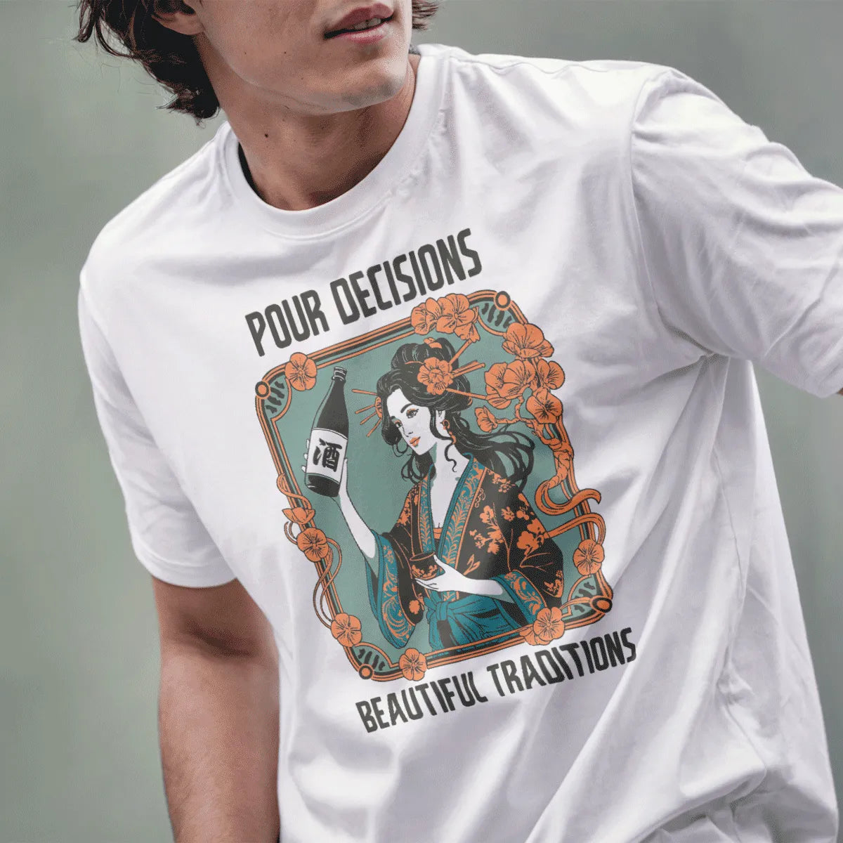 Male model in white t-shirt with Japanese kimono woman, sake cup, floral accents, and bold text.