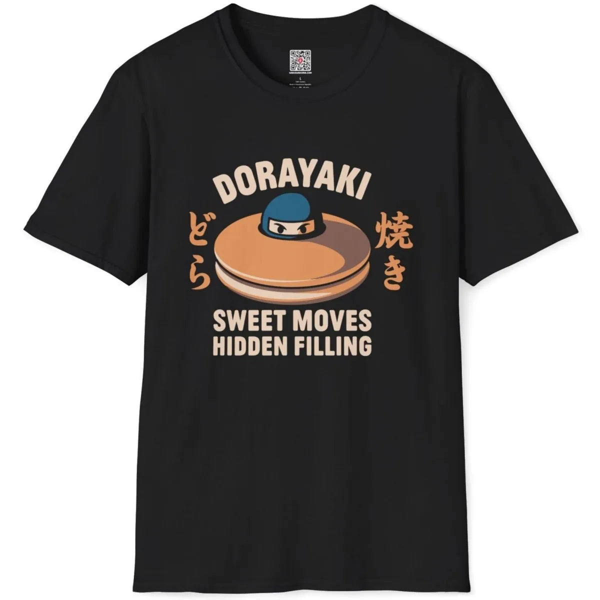 Black flatlay t-shirt with golden dorayaki, ninja, Japanese characters, and bold modern typography.