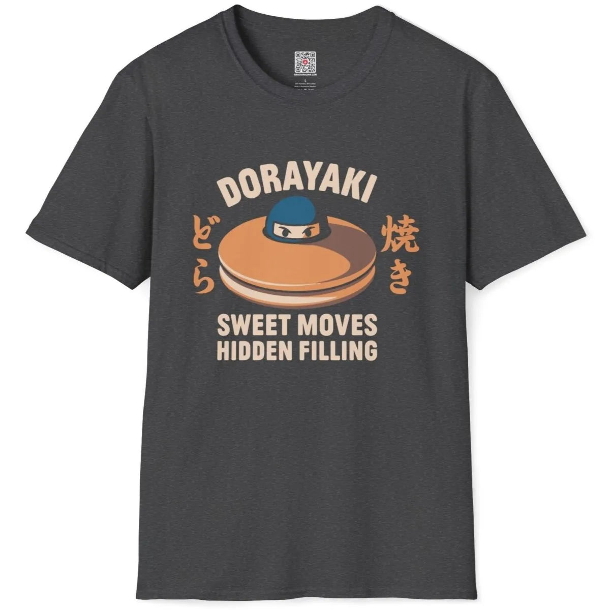 Dark heather flatlay t-shirt with dorayaki, ninja, Japanese text, and fusion cuisine theme.