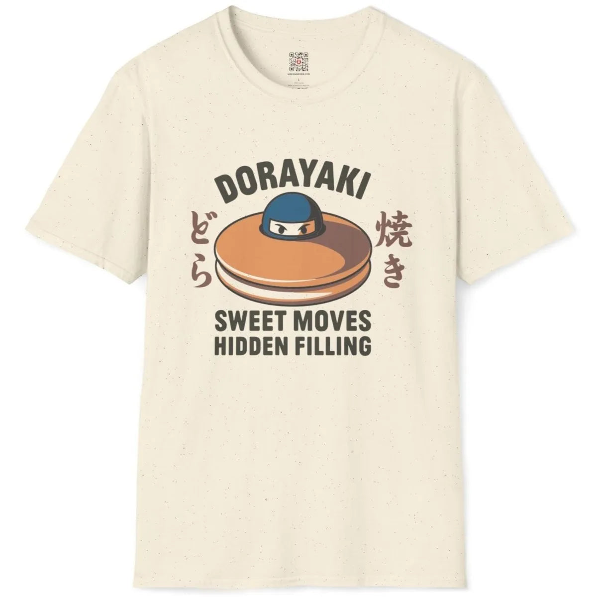 Natural flatlay t-shirt with dorayaki, ninja, and bold graphic design elements.