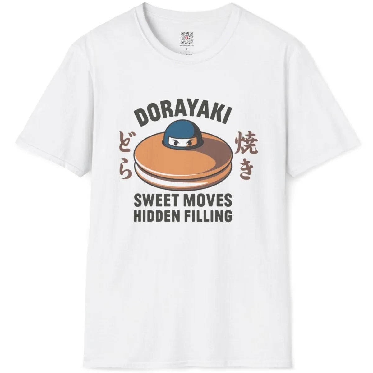 White flatlay t-shirt featuring dorayaki, ninja, and playful "Sweet Moves Hidden Filling" text.