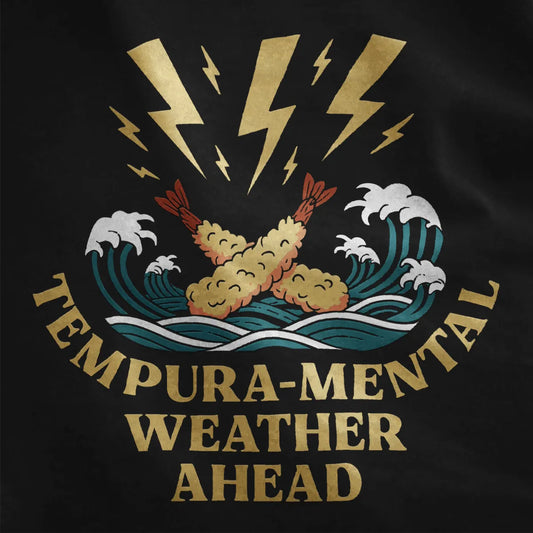 Black fabric close-up of dynamic tempura prawns, stormy waves, and playful "Weather Ahead" typography.