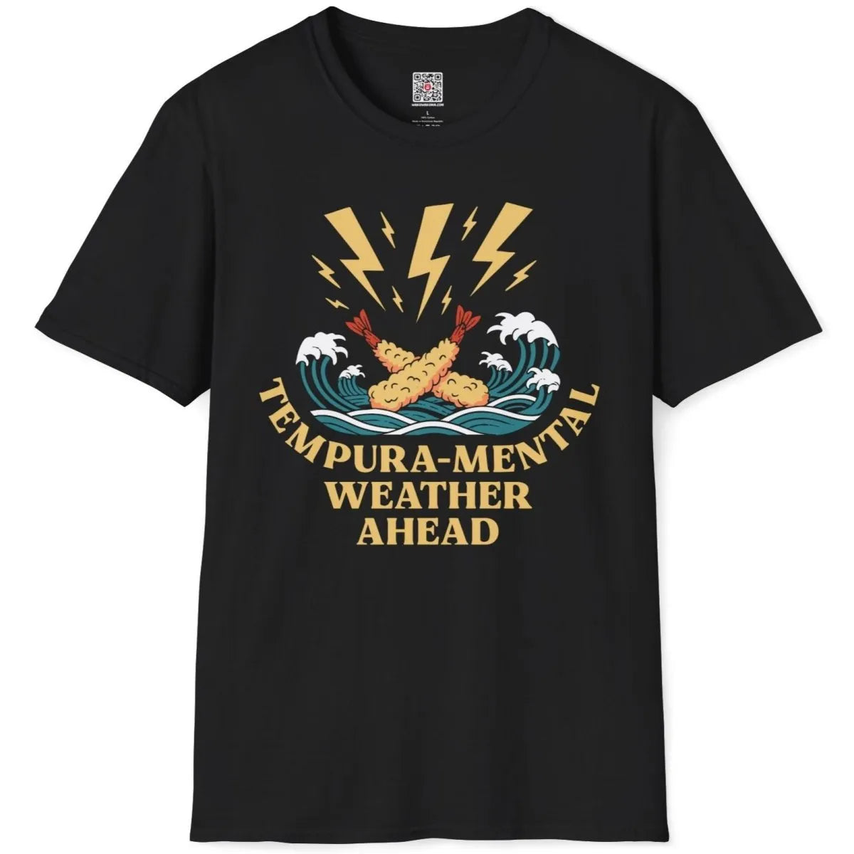 Black flatlay t-shirt with vibrant tempura prawns, teal waves, lightning bolts, and bold text.