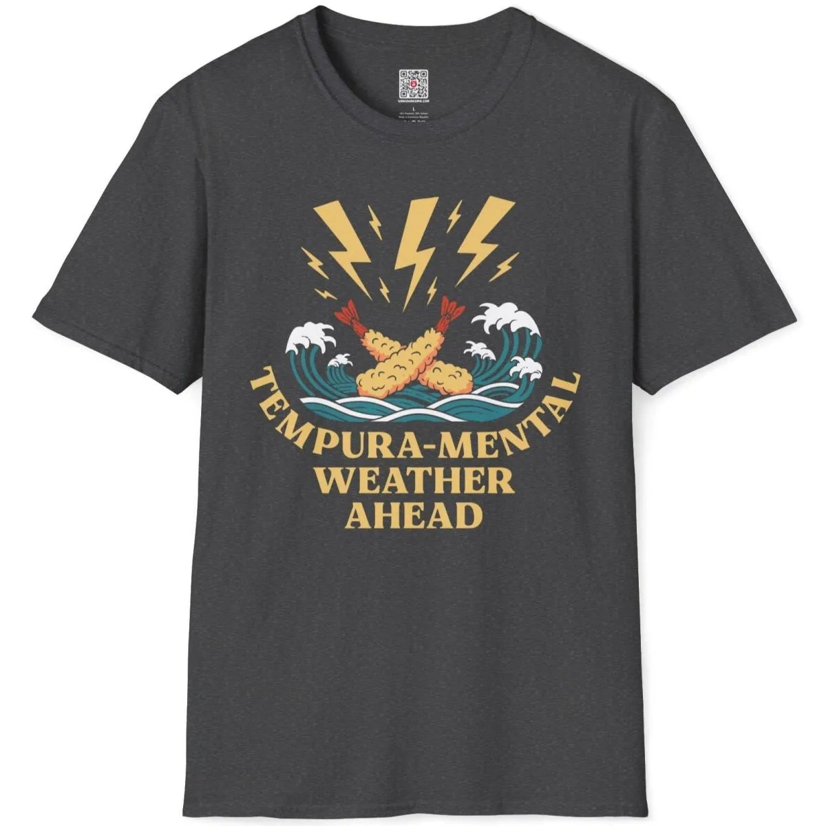 Dark heather flatlay t-shirt with dynamic tempura prawns, stormy waves, and bold typography.