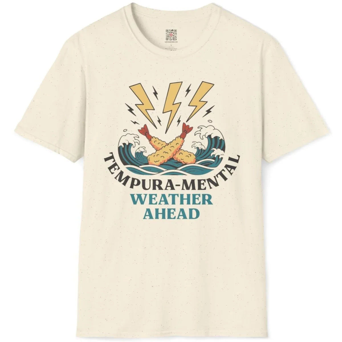 Natural flatlay t-shirt with cartoon tempura prawns, waves, and playful "Weather Ahead" quote.