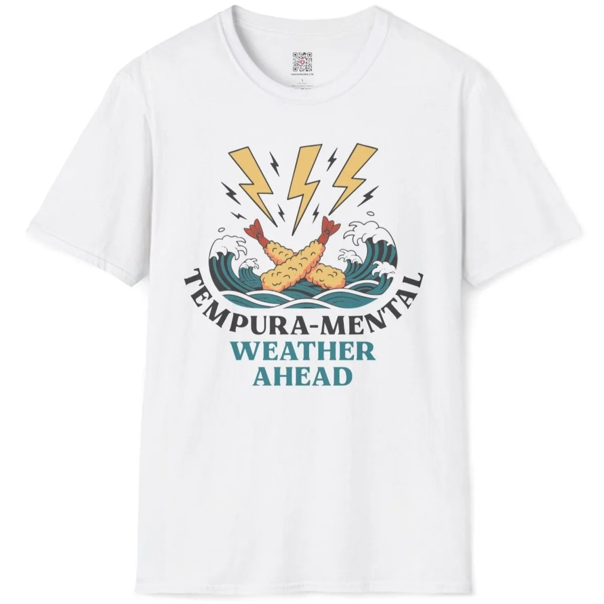 White flatlay t-shirt featuring tempura prawns, ocean waves, and witty "Tempura-Mental" wordplay.