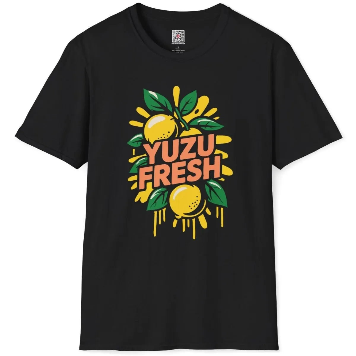 Black t-shirt flatlay featuring "YUZU FRESH" yuzu and splash design, modern tradition, vibrant style.