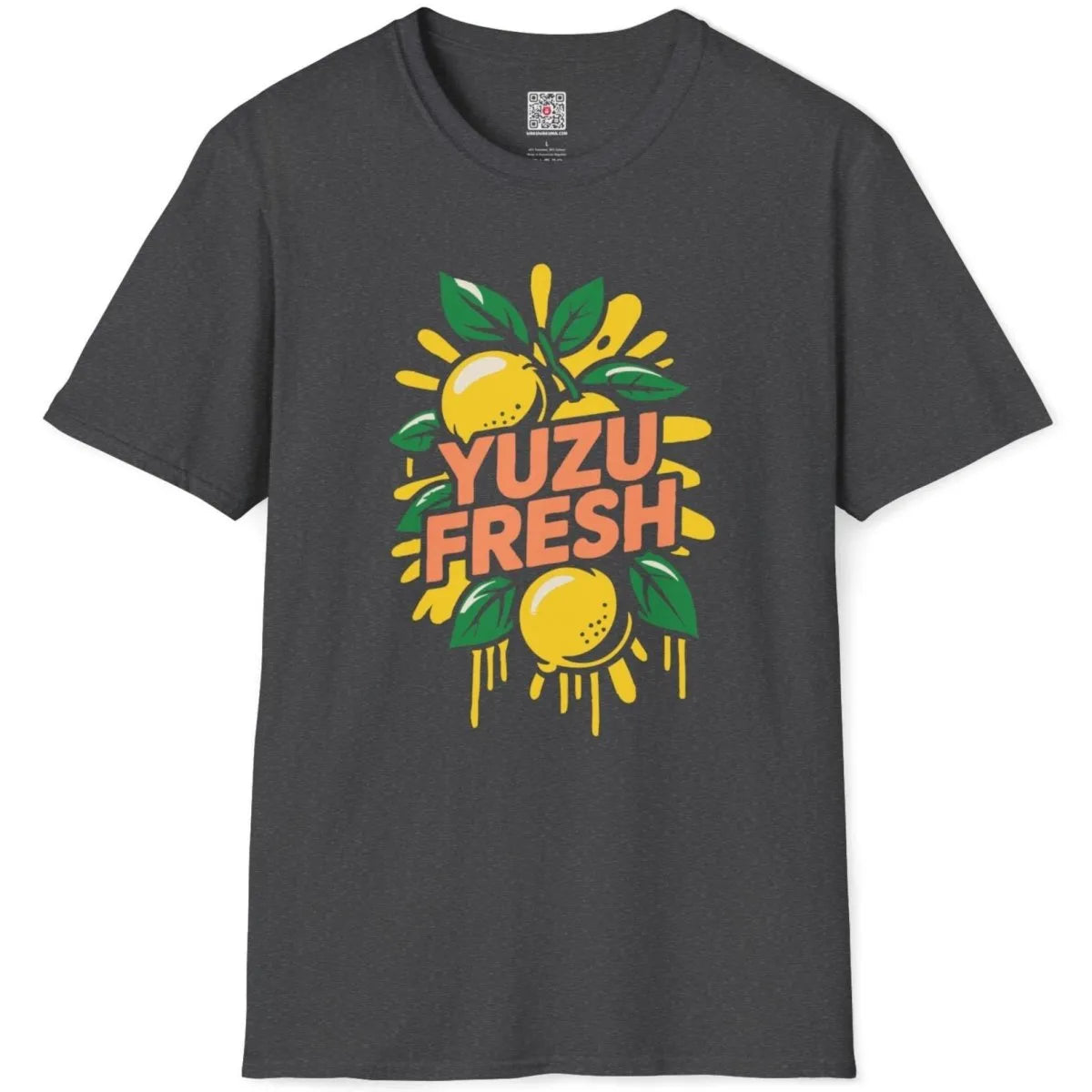 Dark heather t-shirt flatlay showing energetic yuzu citrus design, graphic design t shirt, bold text fonts.