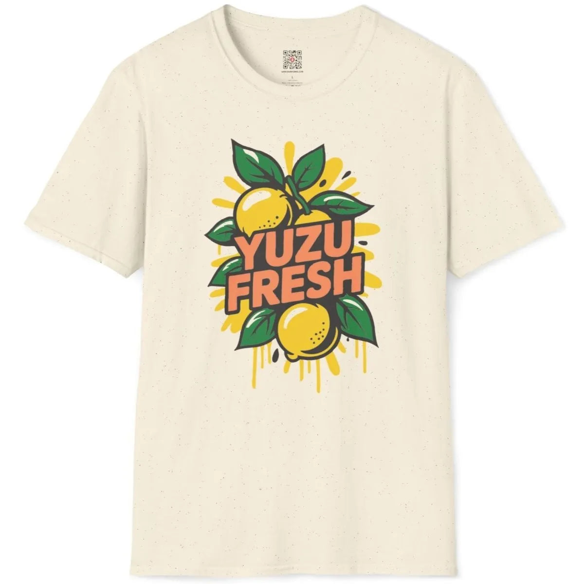 Natural t-shirt flatlay with fresh yuzu and green leaf illustration, soft aesthetics, japanese t-shirts.