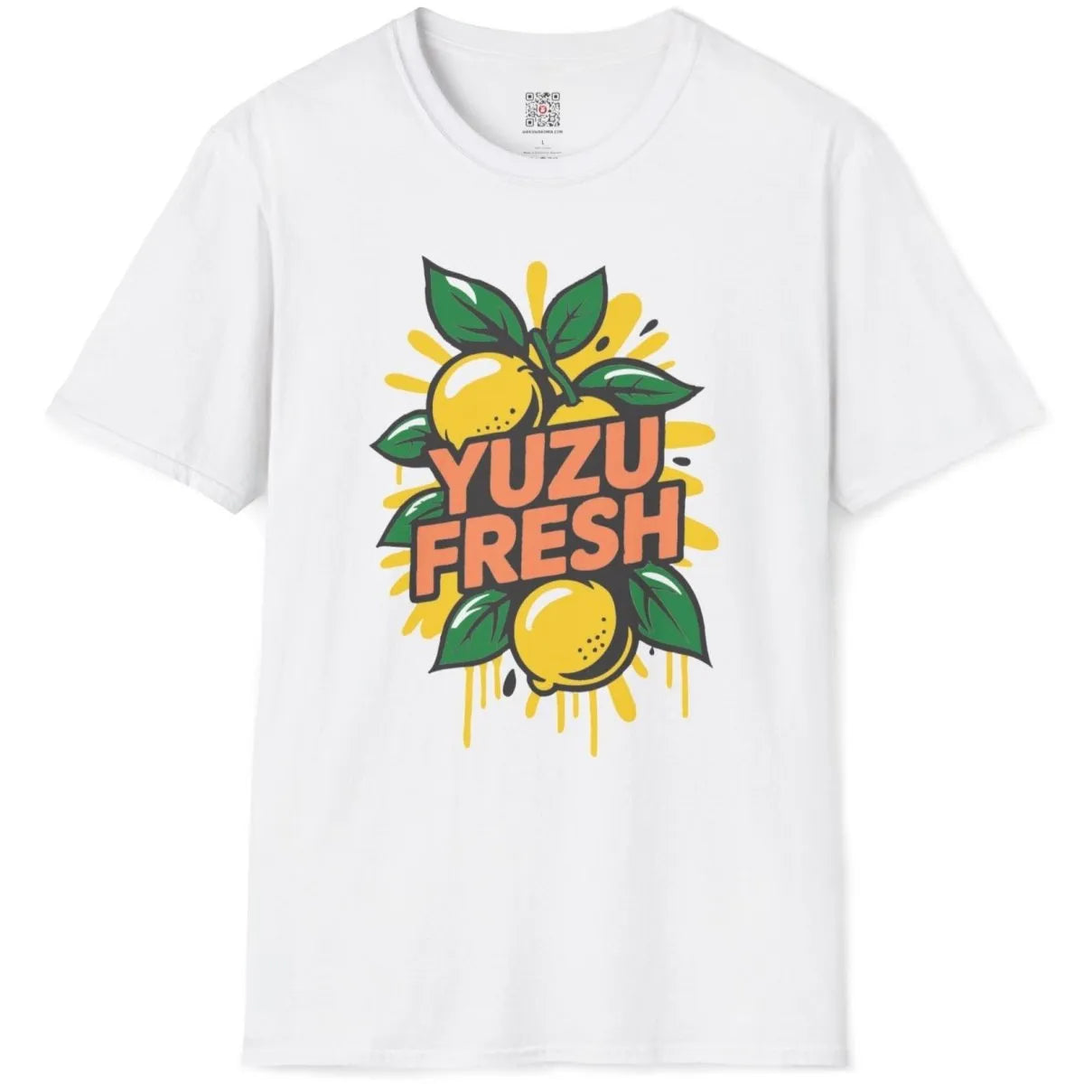 White t-shirt flatlay with glossy yuzu fruit and peach lettering, nature blend, japanese t-shirts.