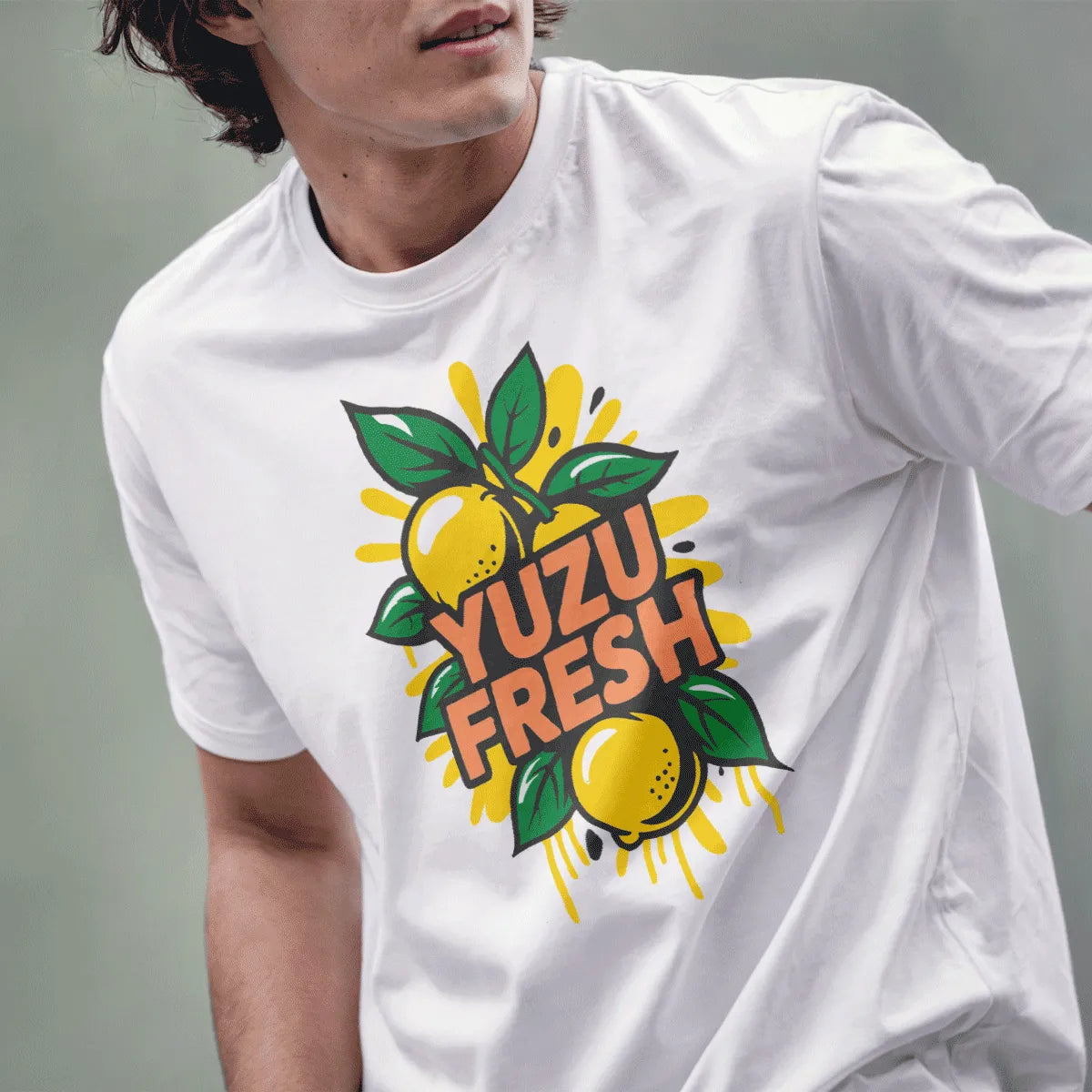 Male model in white t-shirt with "YUZU FRESH" citrus design, bold text fonts, japanese t-shirts.