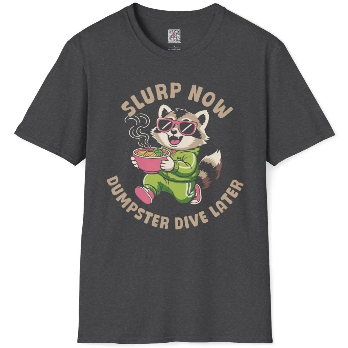 Dark heather t-shirt flatlay featuring raccoon in tracksuit, steaming noodles, whimsical animal, graphic design t shirt.