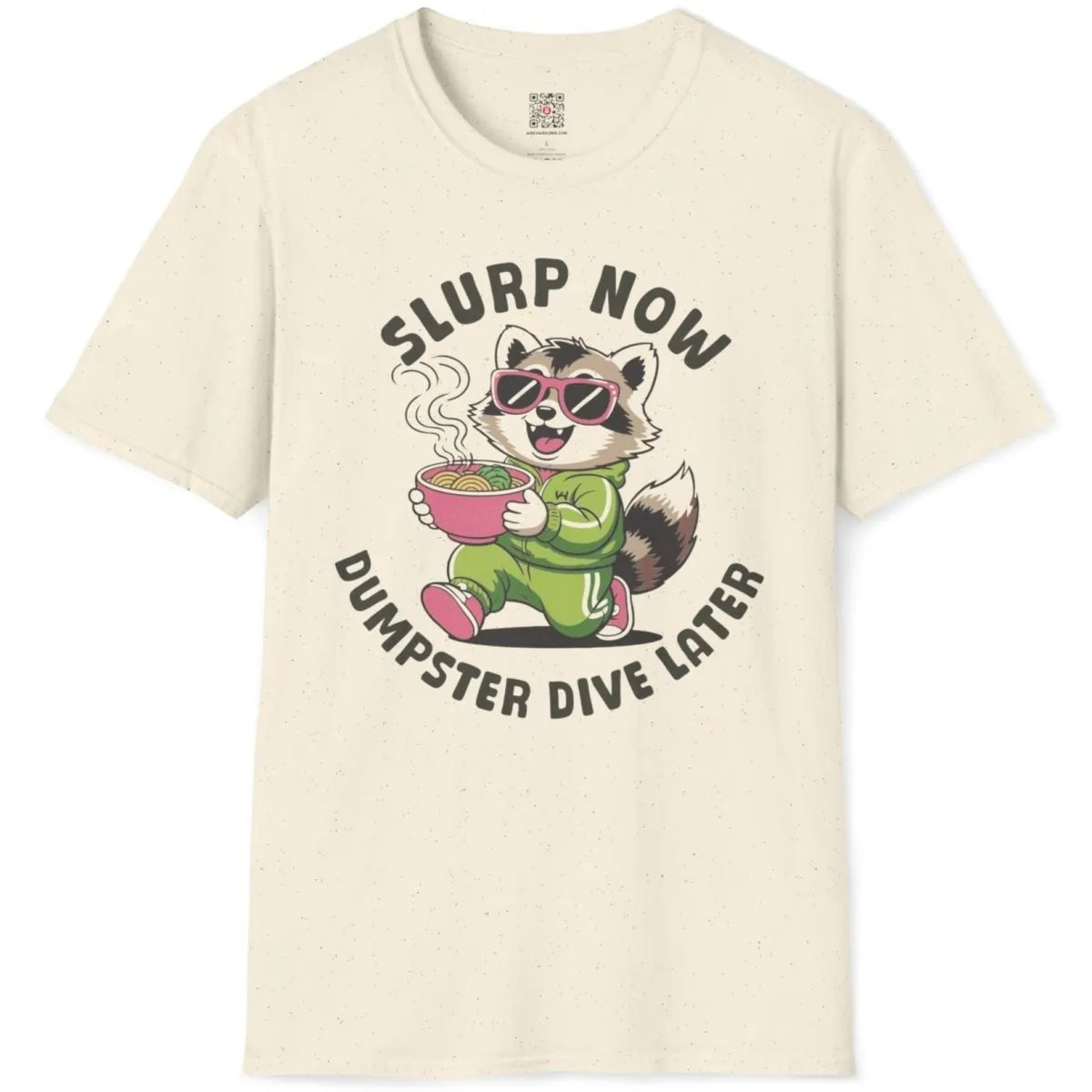 Natural t-shirt flatlay with raccoon eating ramen, curved text, modern cartoonish style, vibrant style.