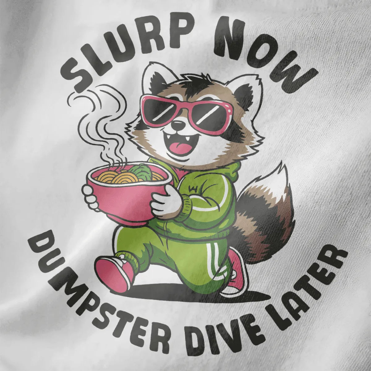 Close-up of playful raccoon in green tracksuit eating ramen, white shirt fabric, whimsical animal, ramen t-shirt.