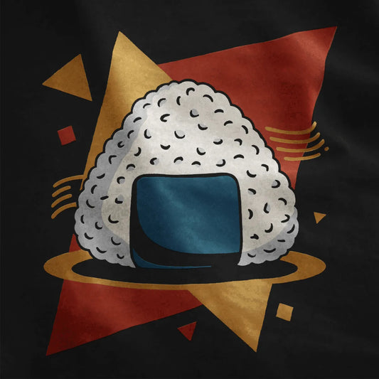 Playful onigiri design with bold contrast art and blue nori on black fabric, japanese t-shirts.