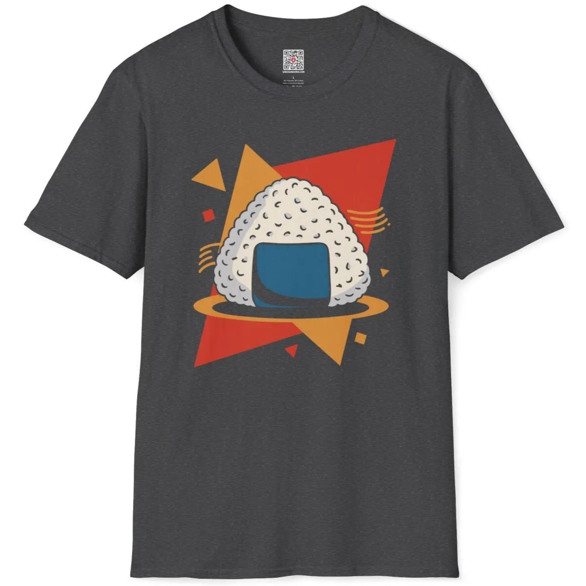 Contemporary onigiri design on dark heather shirt, retro design, japanese t-shirts.