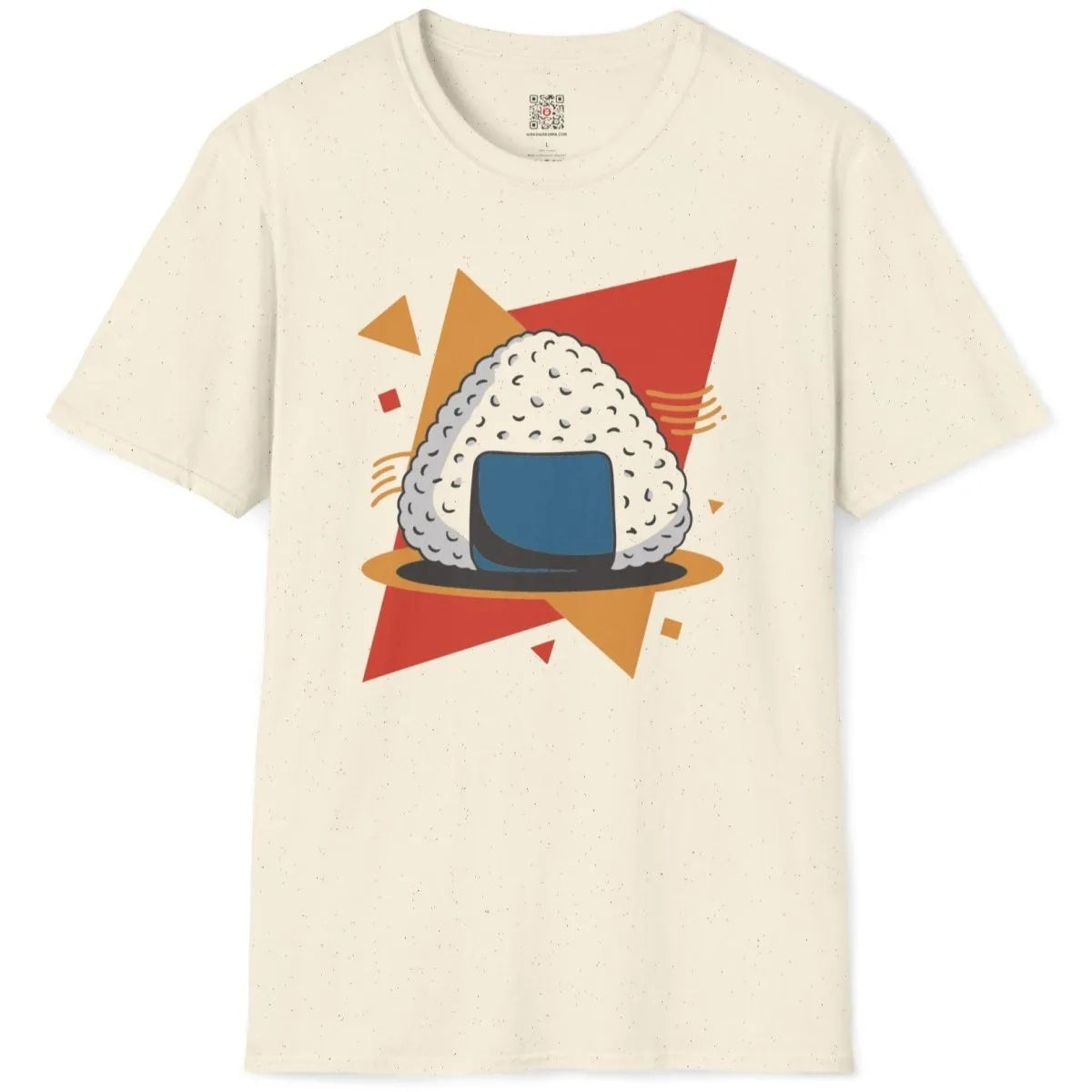 Onigiri with abstract shapes on natural shirt, modern tradition, cultural blend.
