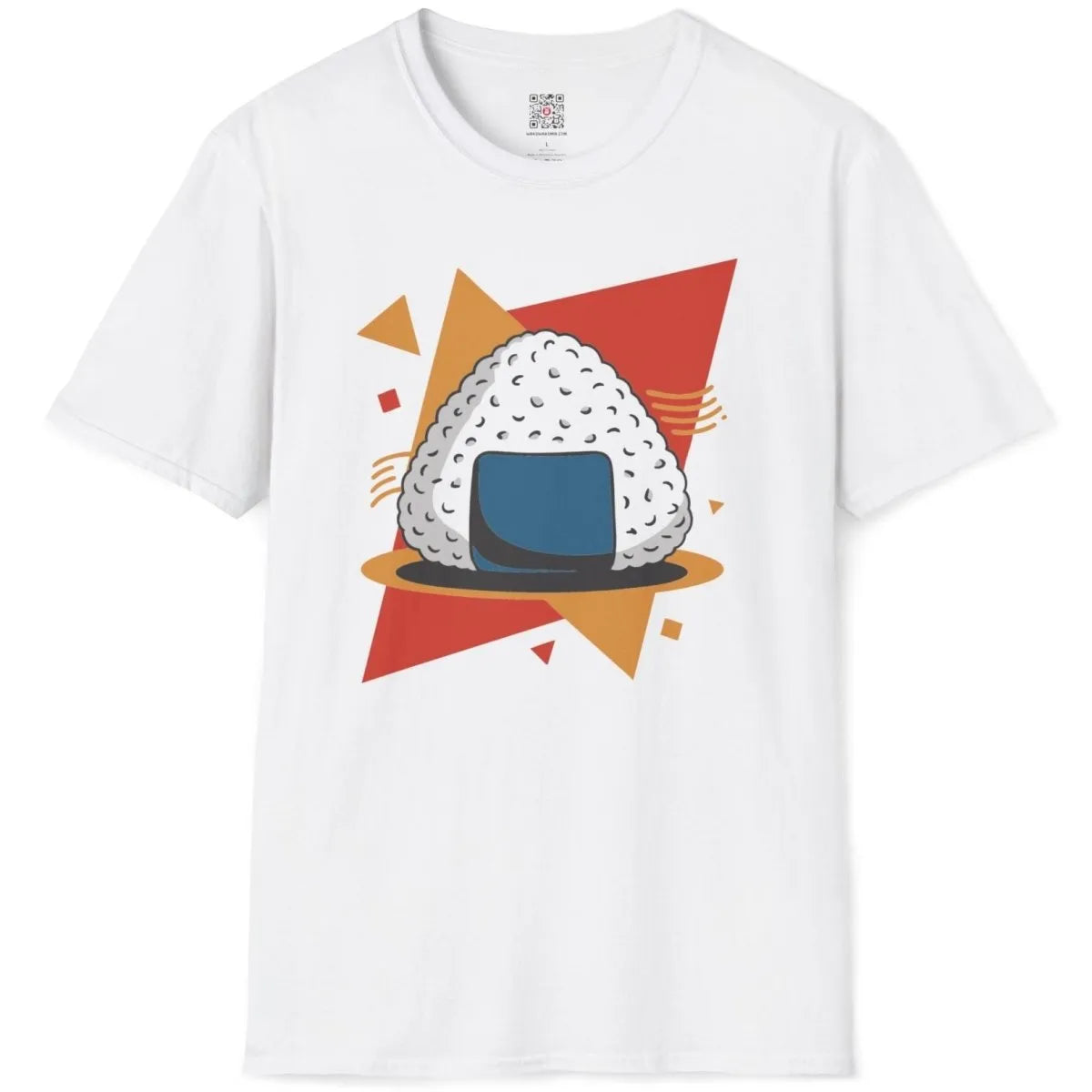 Modern onigiri and geometric shapes on white t-shirt flatlay, cultural symbolism, graphic design t shirt.