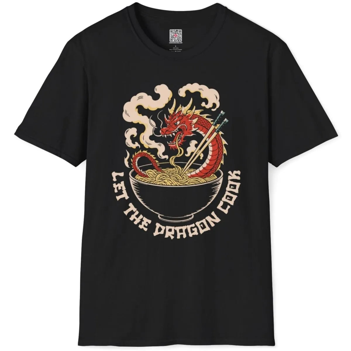 Red dragon and noodle bowl with steam on black shirt, bold text fonts, ramen t-shirt.