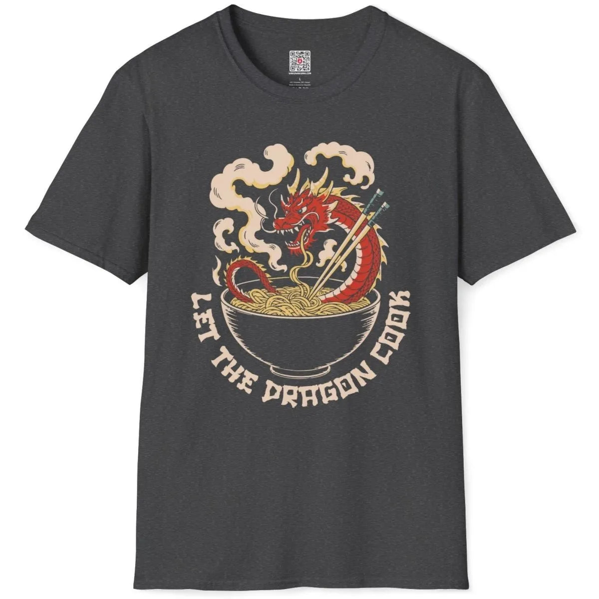 Vibrant dragon and noodle bowl on dark heather shirt, contrast in colors, japanese t-shirts.
