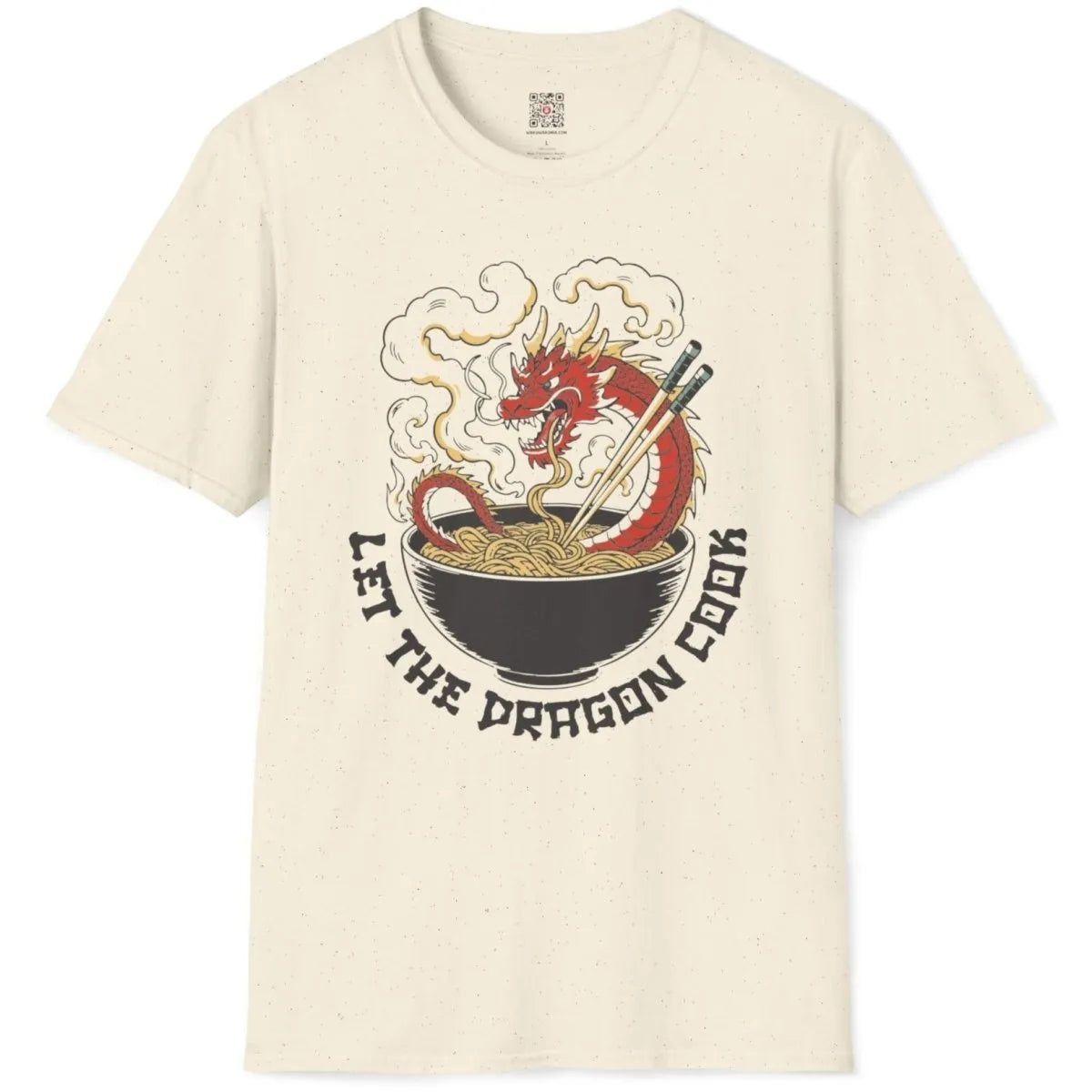 Red dragon and steaming noodles on natural shirt, modern tradition, fusion cuisine.