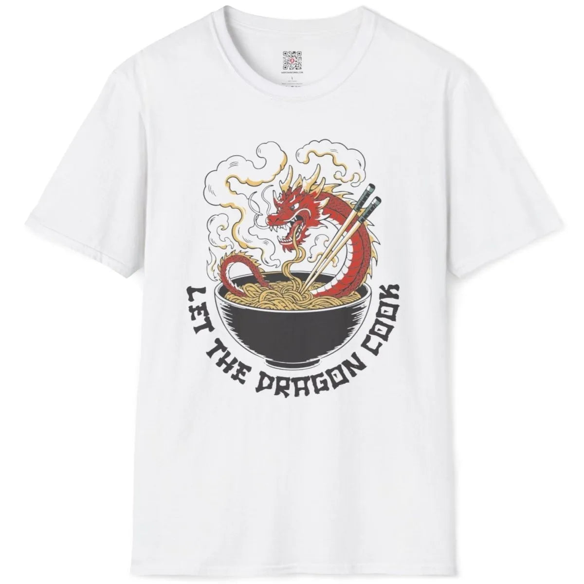 Dragon emerging from noodles with chopsticks on white t-shirt flatlay, cultural symbolism.