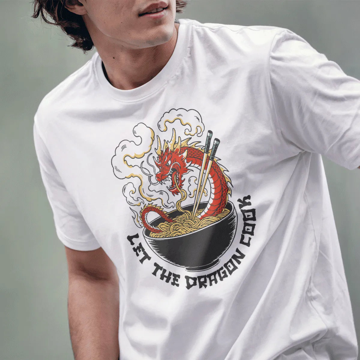 Male model in white t-shirt with dragon and noodle bowl, fusion cuisine, graphic design t shirt.