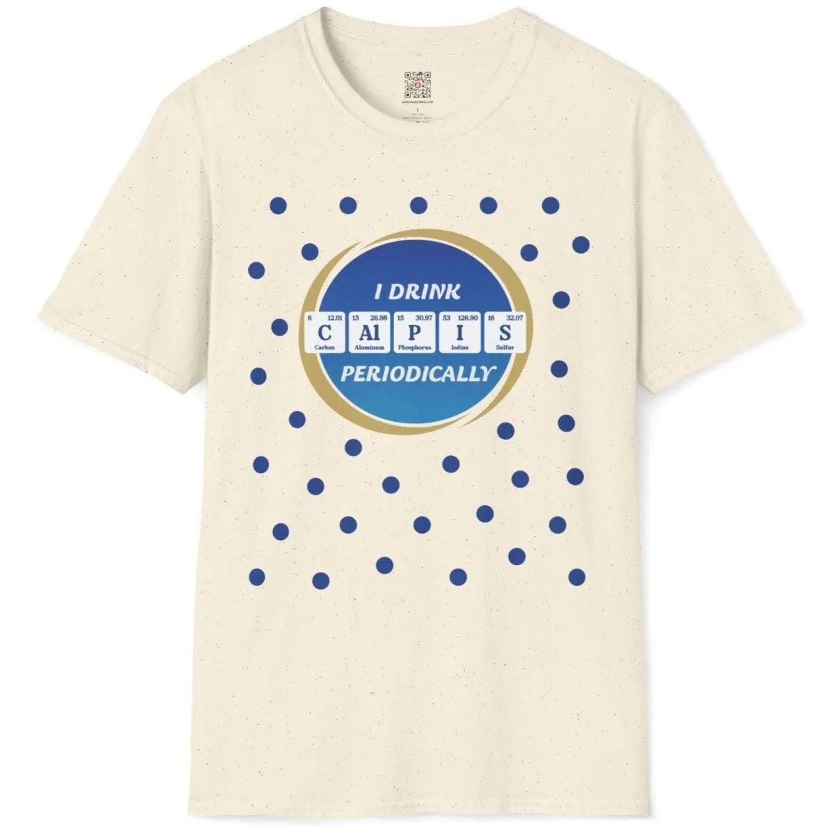 Natural t-shirt flatlay with blue "Calpis" periodic table, gold circle, blue dots; unisex t-shirt, japan shirts.