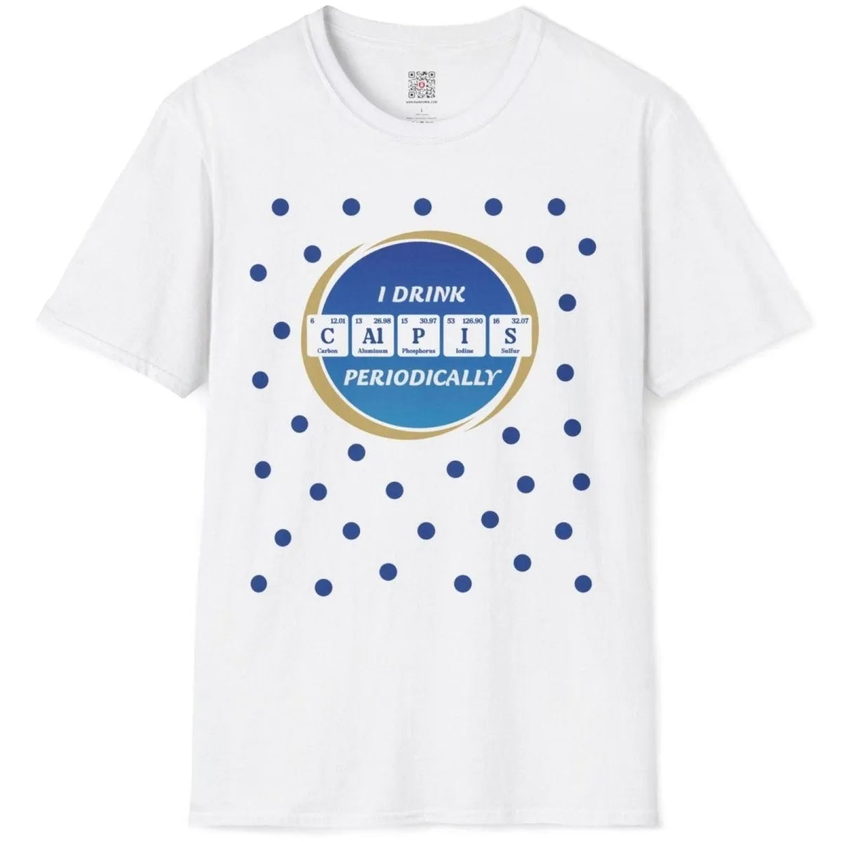 Flatlay of white t-shirt featuring blue "Calpis" periodic table, gold circle, blue dots; cool design for shirts.
