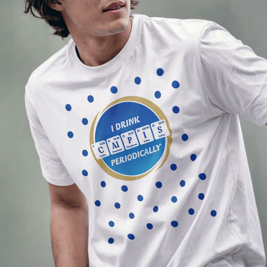 Male model in white t-shirt with blue "Calpis" periodic table graphic, gold circle; quirky japan tee shirts.