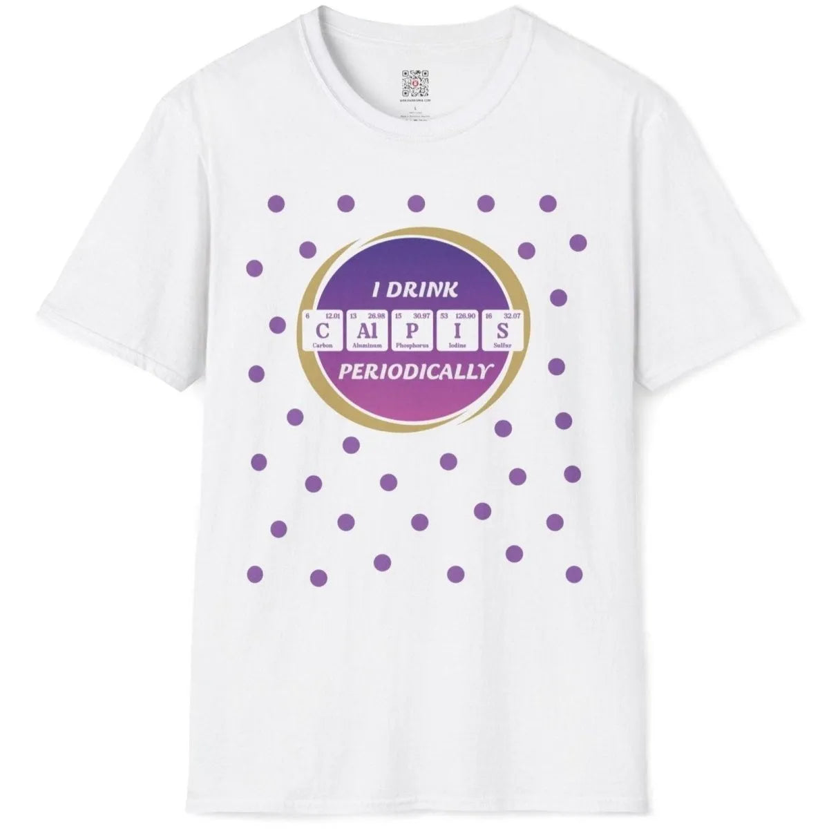 Flatlay of white t-shirt with purple grape "Calpis" periodic table, purple dots; japanese graphic t-shirt.