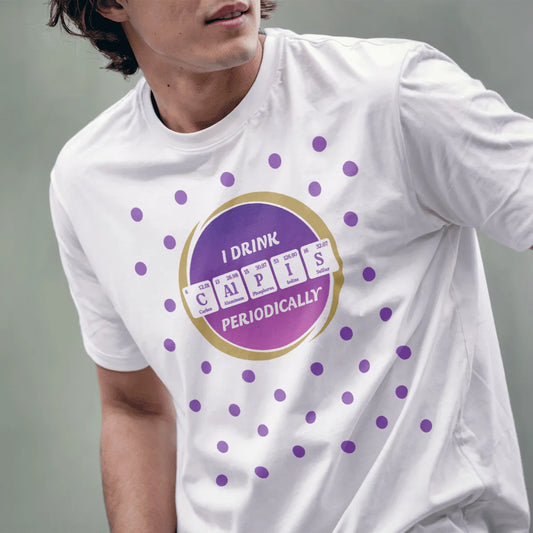 Male model in white t-shirt with purple "Calpis" grape periodic table, playful dots; japan tee shirts.