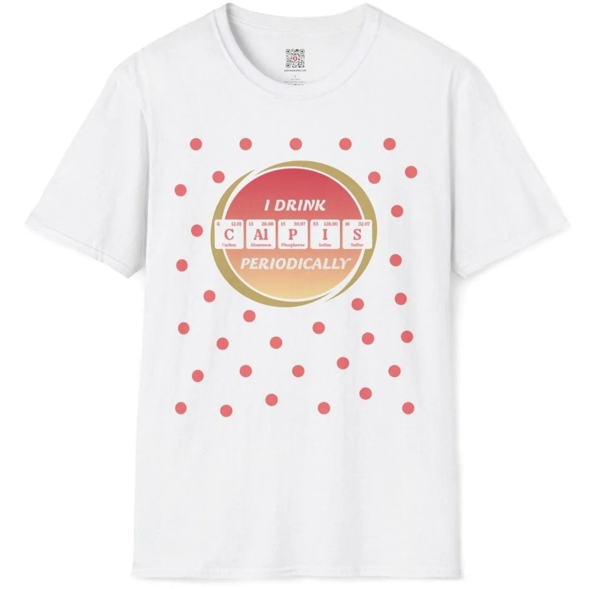 Flatlay of white t-shirt with playful mango Calpis periodic table graphic, clothing aesthetics, Japanese t-shirts.