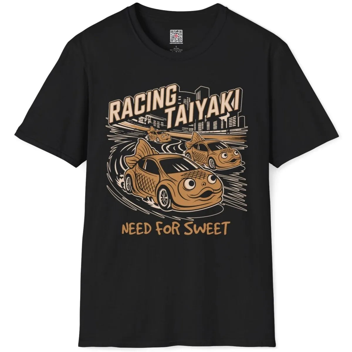 Black Racing Taiyaki t-shirt flatlay with three taiyaki cars, city skyline, and graphic design t shirt.