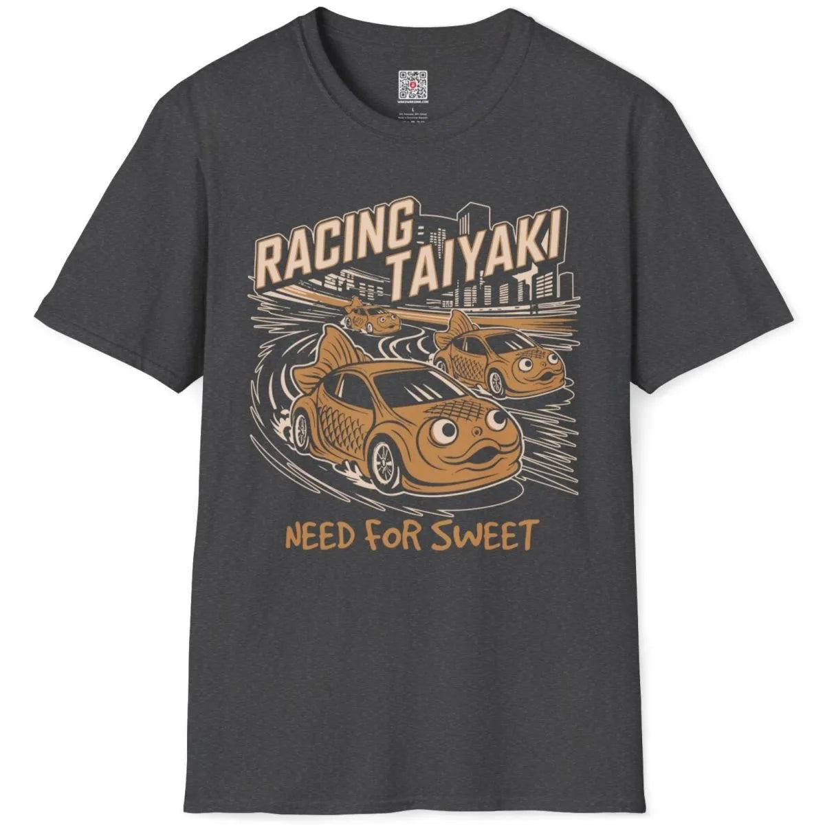 Dark heather Racing Taiyaki t-shirt flatlay, taiyaki cars speeding, urban skyline, and retro design.