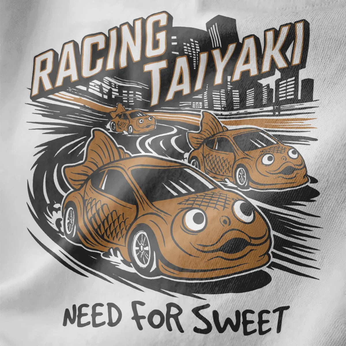 Close-up of Racing Taiyaki design on white shirt, featuring taiyaki cars, bold text, and vibrant style.