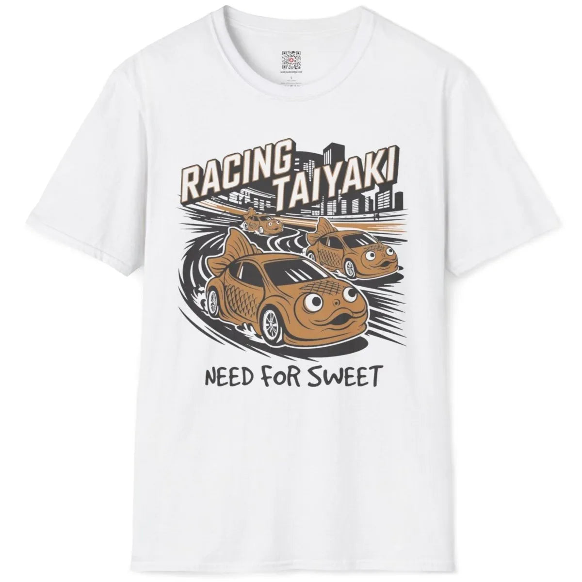 White Racing Taiyaki t-shirt flatlay with playful taiyaki car design, golden text, and japanese t-shirts.
