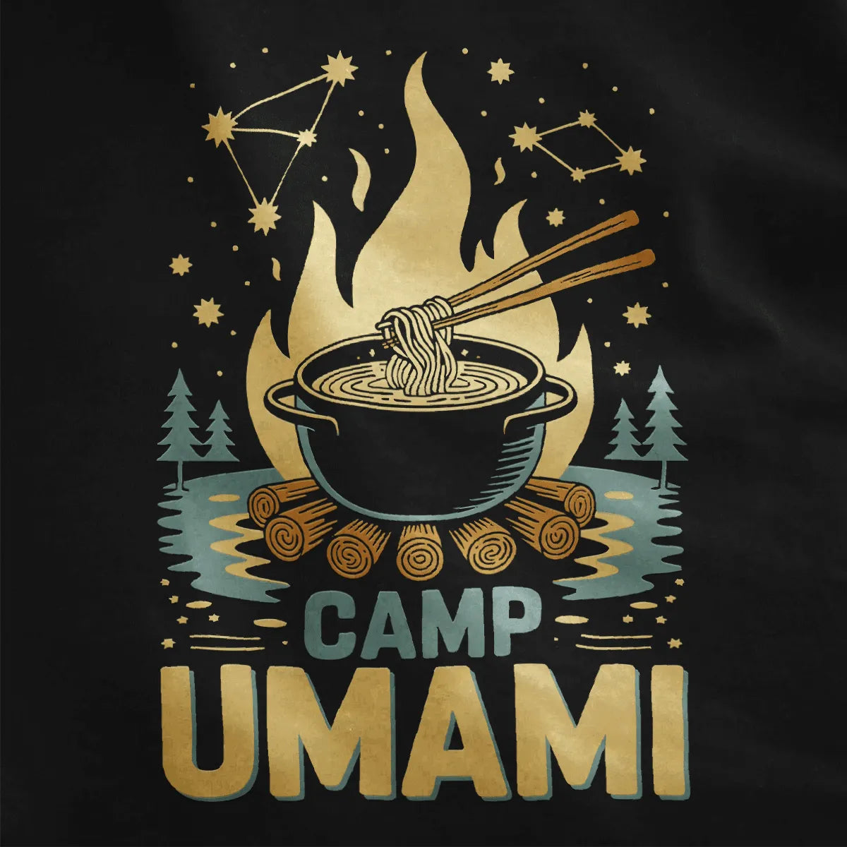 Close-up of Camp Umami design on black shirt, steaming noodles, campfire, and bold text fonts.