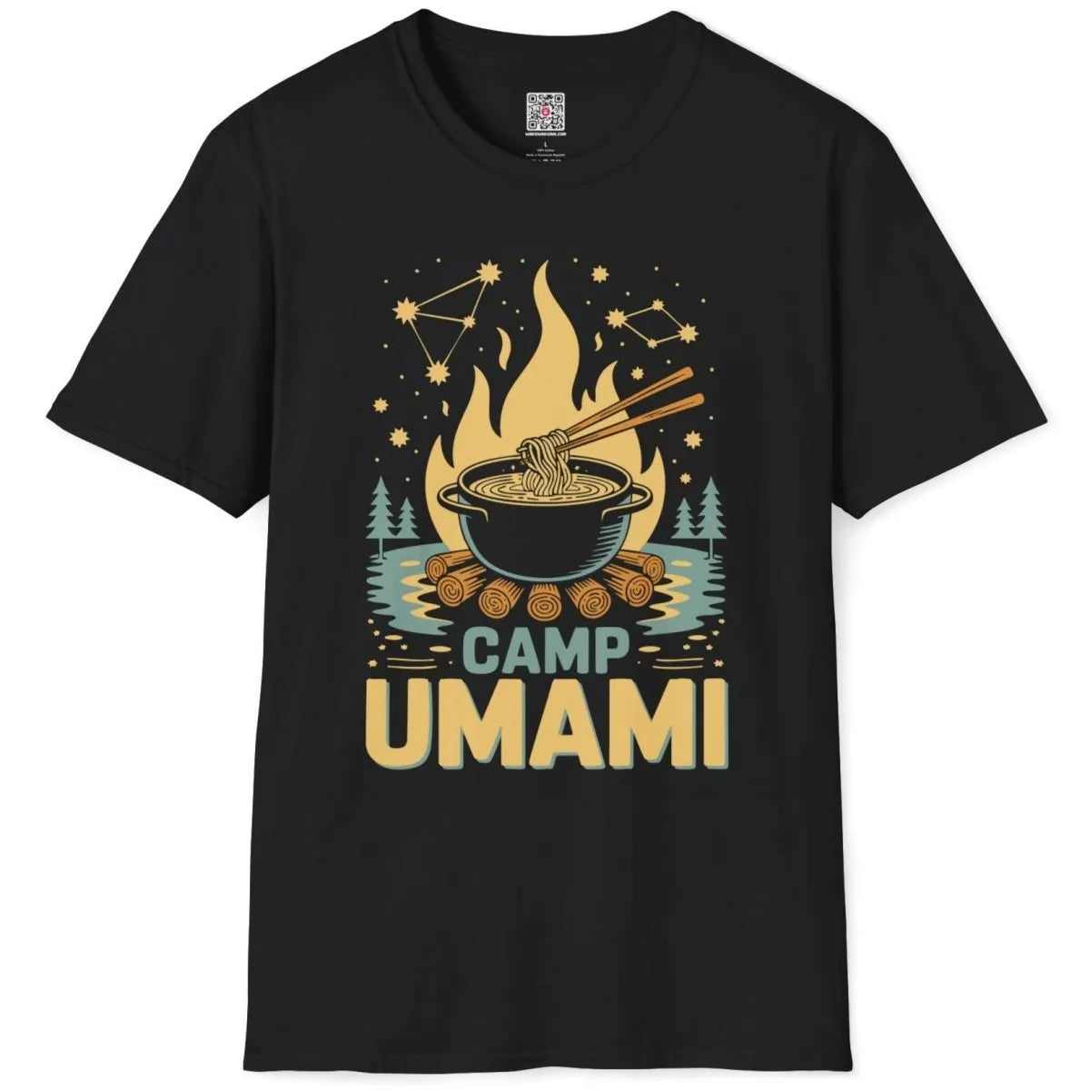 Black Camp Umami t-shirt flatlay, cozy campfire scene, pine trees, and graphic design t shirt.