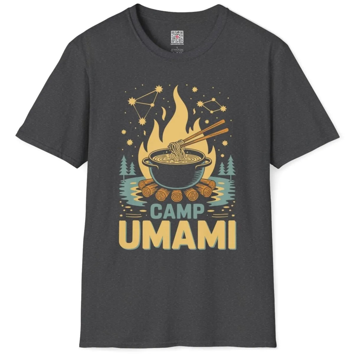 Dark heather Camp Umami t-shirt flatlay, steaming noodles, orange flames, and fusion cuisine.